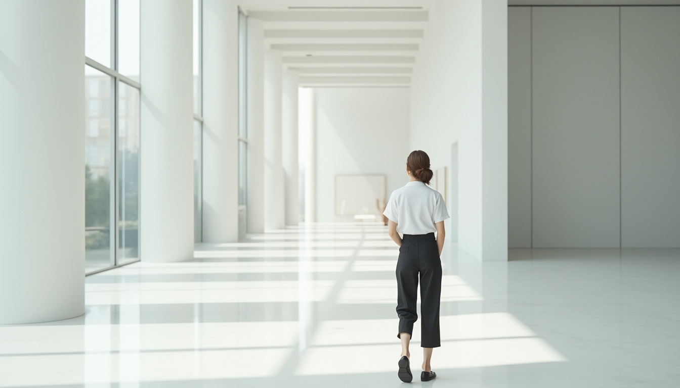 Prompt: Modern museum interior, minimalist style, empty space, white marble floor, high ceiling, large glass windows, natural light pouring in, few art pieces scattered throughout, solo figure, mature woman, 30s, simple hairstyle, minimal makeup, white shirt, black trousers, loafers, contemplative expression, hands behind back, walking slowly, calm atmosphere, soft shadows, 3/4 composition, panoramic view, cinematic lighting.