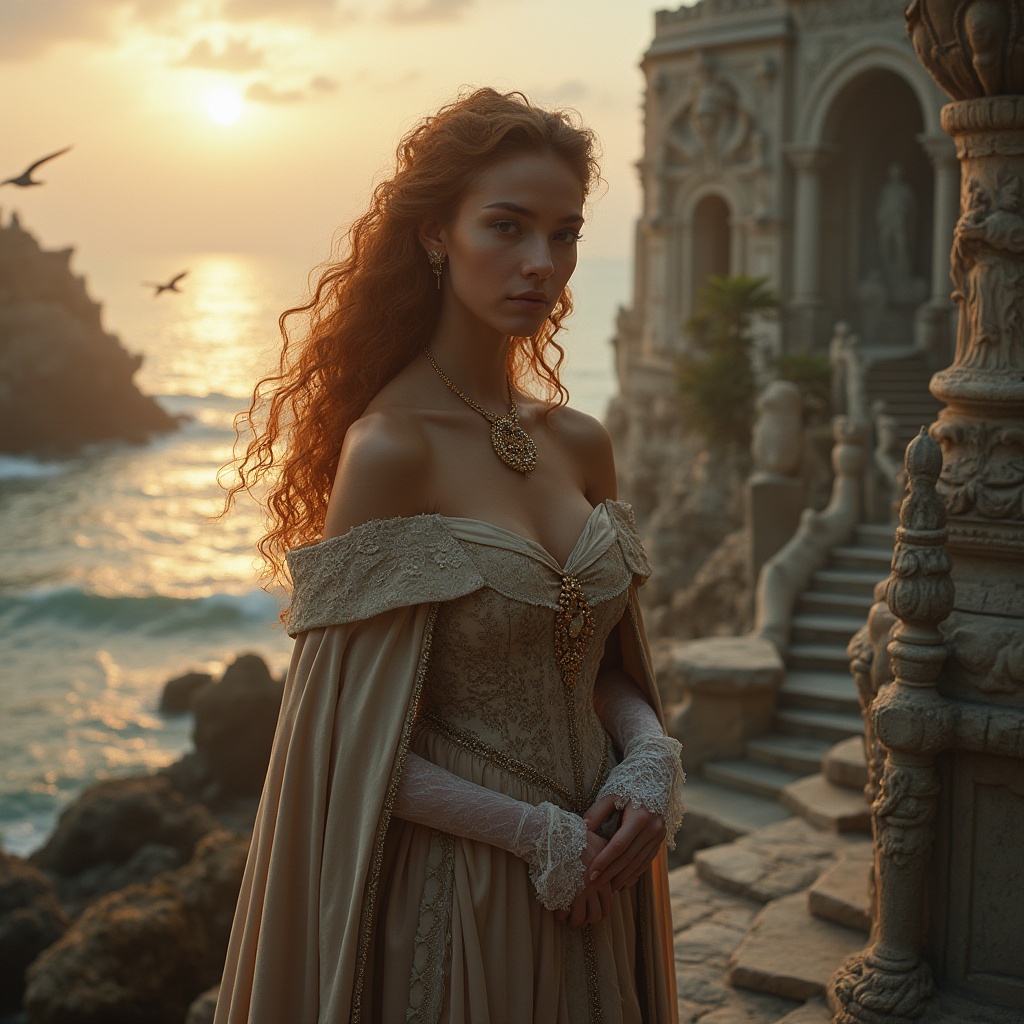 Prompt: Renaissance lady, elegant posture, standing, coastal villa, Baroque architecture, ornate stone carvings, flowing curly hair, pearl necklace, lace gloves, velvet cloak, luxurious silk dress, golden brooch, soft focus, warm sunset lighting, misty atmosphere, seagulls flying in the distance, Mediterranean Sea, rocky shores, driftwood, seaweed, intricate ironwork, grand staircases, ornate fountains, statues of mythological figures, 3/4 composition, dramatic shadows, cinematic mood.