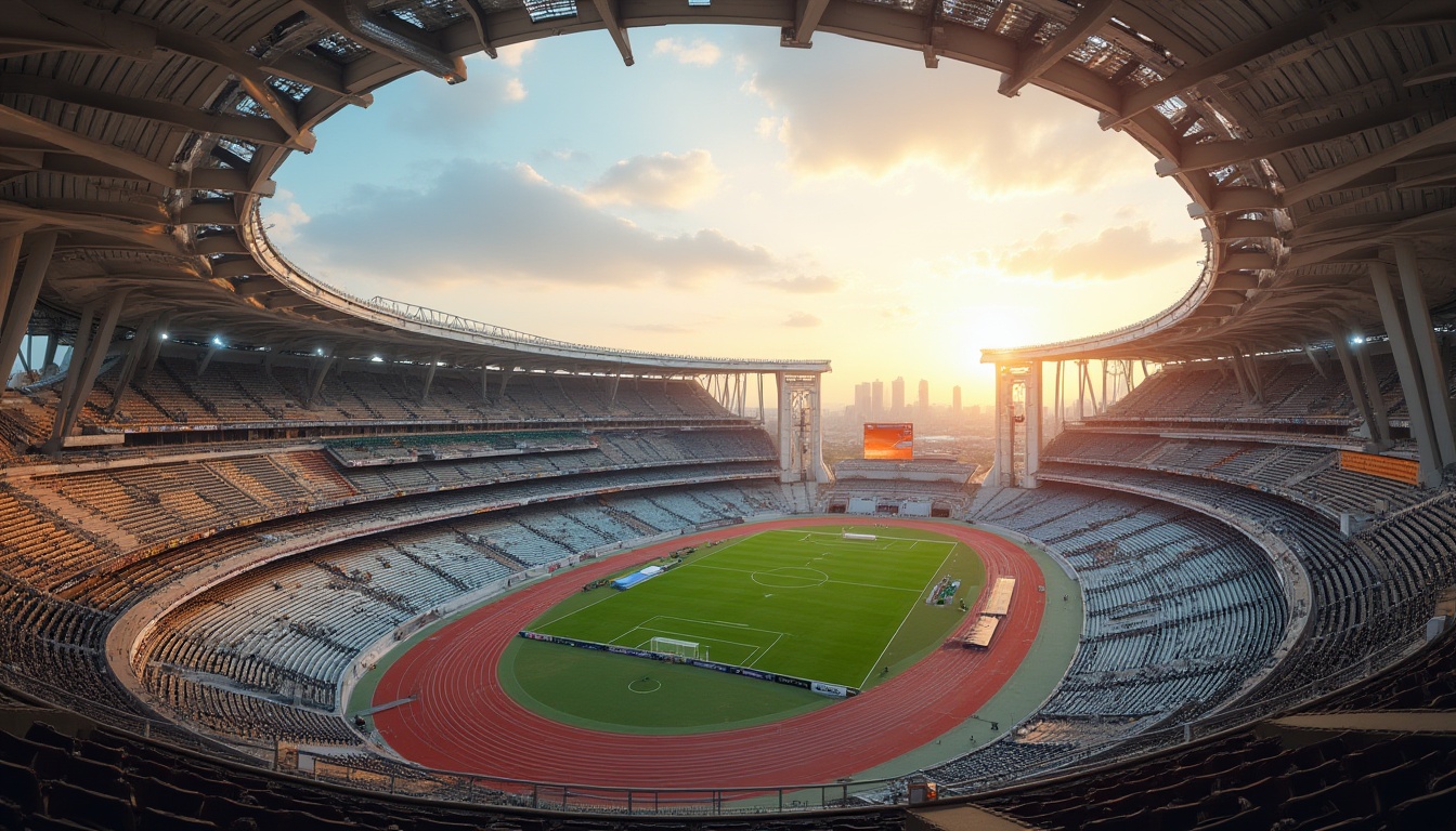 Prompt: Modern stadium, futuristic architecture, sleek lines, metallic materials, fiber-cement panels, curved structure, large arches, retractable roof, natural light, interior lighting, grand staircase, VIP lounge, sports field, grass texture, athletic tracks, spectators' seats, urban cityscape, sunset atmosphere, soft warm lighting, cinematic composition, fish eye lens.