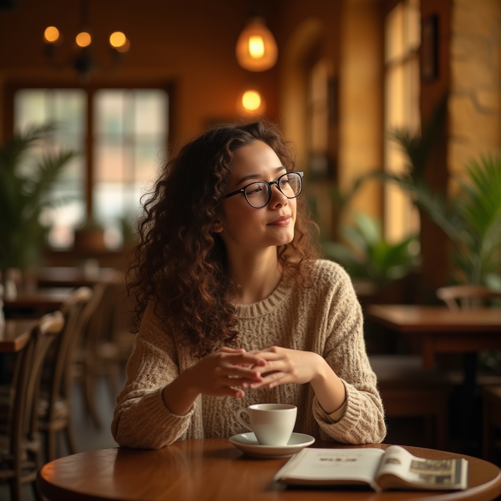 Prompt: Warm, inviting atmosphere, ochre color palette, golden hour lighting, soft focus, blurred background, cozy cafe interior, wooden tables, vintage chairs, warm-toned stone walls, dimmed chandeliers, lush green plants, steaming cup of coffee, gentle steam rising, aromatic scent, relaxed female customer, curly brown hair, glasses, casual sweater dress, reading book, natural makeup, peaceful facial expression, 3/4 composition, shallow depth of field.