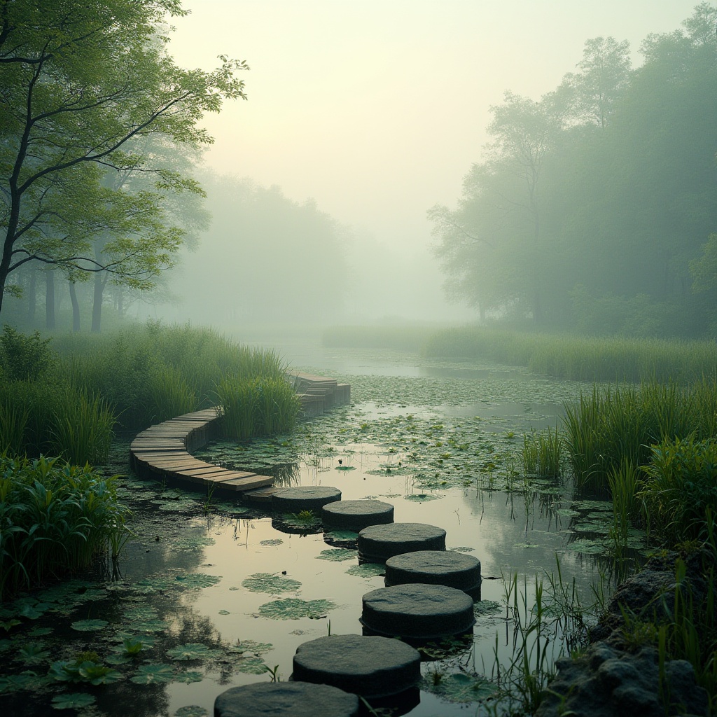 Prompt: Wetland ecosystem, serene atmosphere, misty morning, subtle fog, lush green vegetation, diverse aquatic plants, water lilies, cattails, reeds, muddy shore, wooden boardwalk, meandering stream, gentle ripples, shallow pool, stone stepping stones, natural habitat, tranquil ambiance, warm soft light, 3/4 composition, panoramic view, depth of field, realistic rendering.