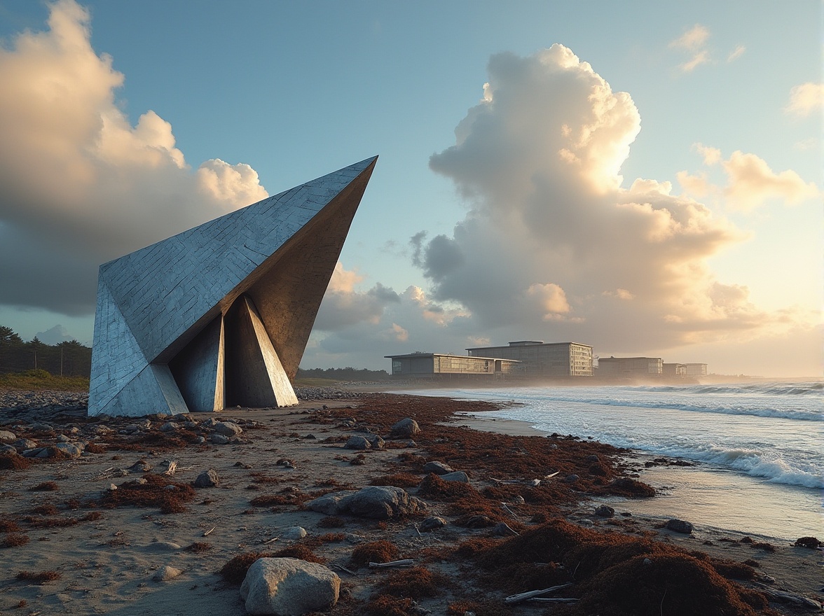 Prompt: Galvanized steel sculpture, modern university architecture, expressionist beach design, futuristic building complex, angular lines, metallic texture, reflective surface, coastal landscape, dramatic sky with cumulus clouds, warm golden light, 3/4 composition, low-angle shot, foreground debris, driftwood, seaweed, ocean waves crashing in background, soft focus on surrounding environment, high contrast between steel and natural elements, abstract patterns on the sculpture's surface, intricate details on the building's facade.