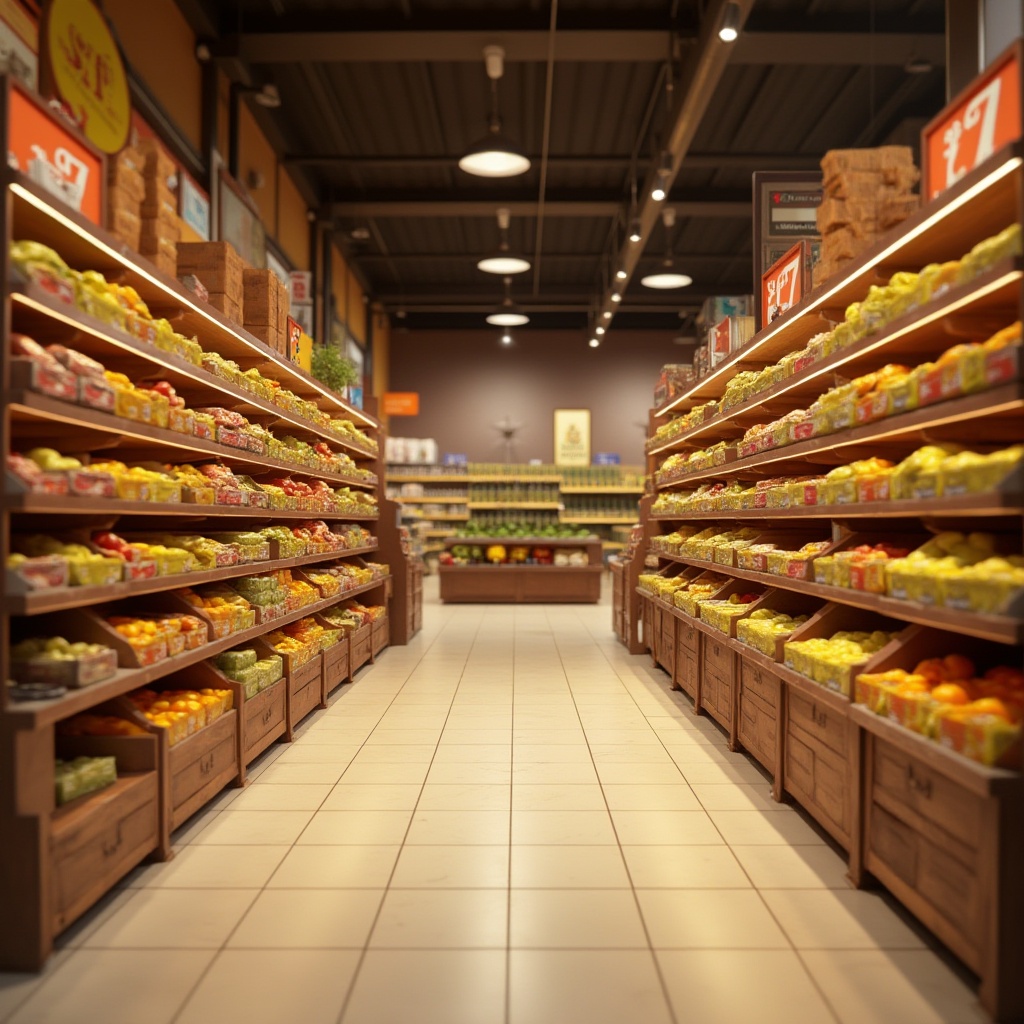 Prompt: Warm chocolate brown walls, golden yellow shelves, creamy white floor tiles, rich cocoa-colored wooden crates, rustic metal racks, vibrant orange accents, soft warm lighting, 3/4 composition, shallow depth of field, realistic textures, still life photography, modern supermarket interior, busy shopping atmosphere.