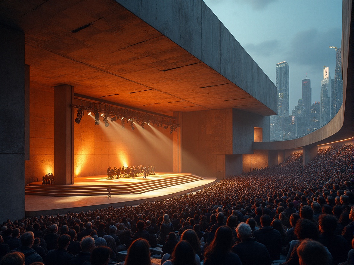 Prompt: Modern concert house, constructivist architecture, geometric shapes, brutalist concrete, industrial metal beams, minimalist interior, futuristic ambiance, evening scene, warm golden lighting, spotlights on stage, audience seating area, abstract art installations, urban cityscape background, skyscrapers, busy streets, 3/4 composition, low-angle shot, cinematic mood, depth of field, realistic textures, ambient Occlusion.