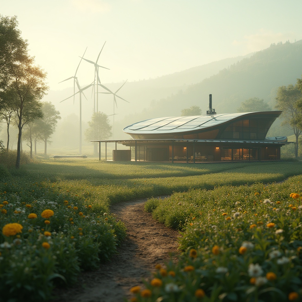 Prompt: Rural futuristic landscape, blending nature with high-tech design, futuristic farmhouse, solar panels, wind turbines, modern agricultural equipment, lush green fields, blooming wildflowers, towering trees, misty morning atmosphere, soft sunlight filtering through the fog, rolling hills, winding dirt path, robotic farming assistants, levitating drones, hovering above crops, advanced hydroponic systems, sleek metallic accents, polished wooden textures, warm ambient lighting, cinematic composition, shallow depth of field.