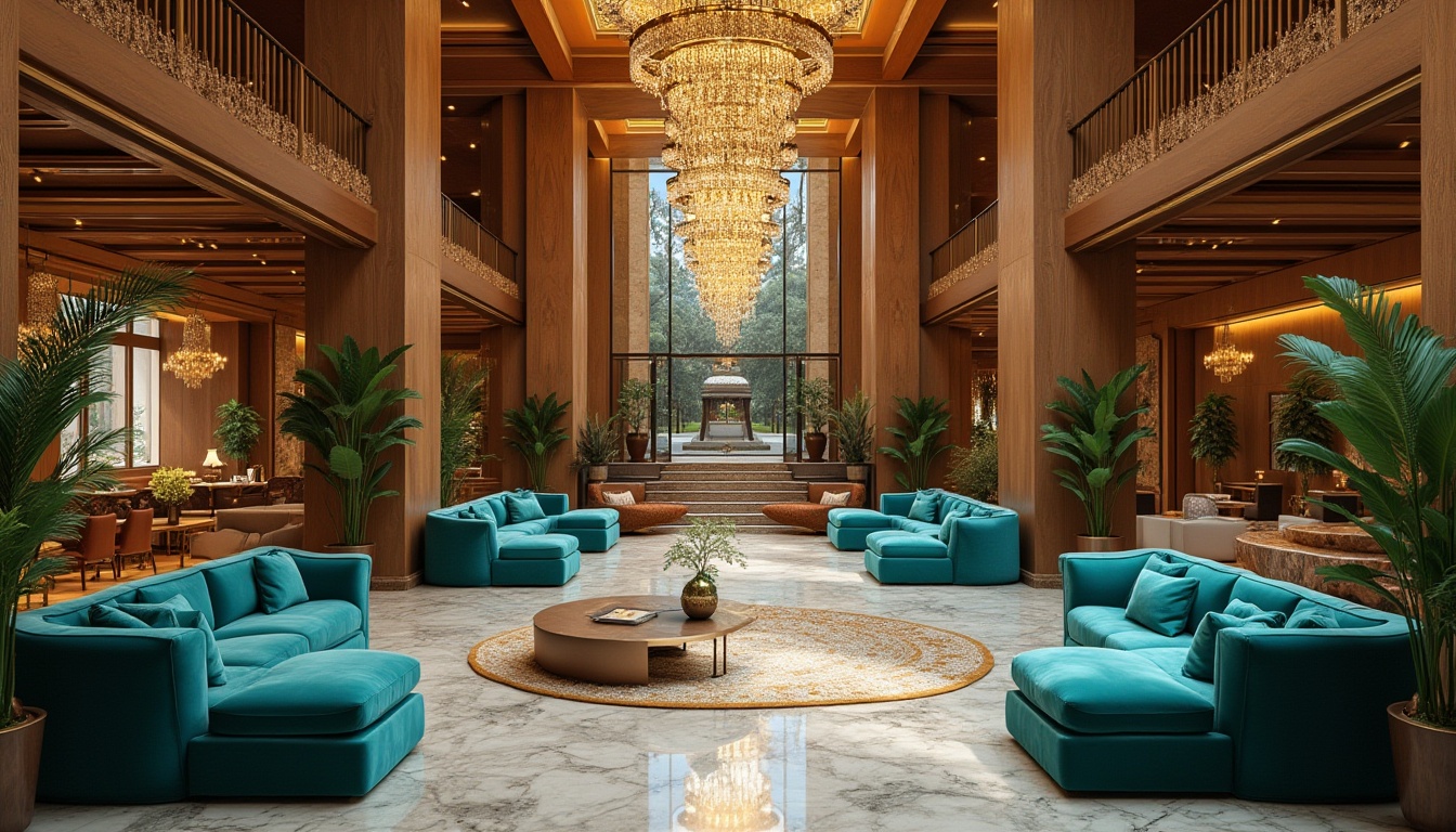 Prompt: Luxurious hotel lobby, eclectic fusion style, grand chandelier, ornate wooden paneling, vibrant turquoise accents, plush velvet sofas, marble floors, intricate Islamic patterns, modern minimalist lines, natural stone walls, lush greenery, dramatic staircase, warm golden lighting, 3/4 composition, shallow depth of field, atmospheric ambiance, luxurious atmosphere, elegant curves, sophisticated textures.