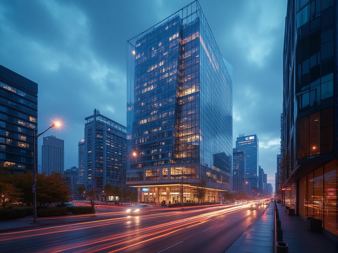 Prompt: Futuristic high-rise office building, commercial district, downtown area, sleek glass exterior, metallic frames, angular architecture, vibrant LED lights, nighttime scene, bustling streets, busy traffic, blurred motion, cityscape, skyscrapers, modern urban landscape, dramatic clouds, warm ambient light, cinematic composition, shallow depth of field, 3/4 view.