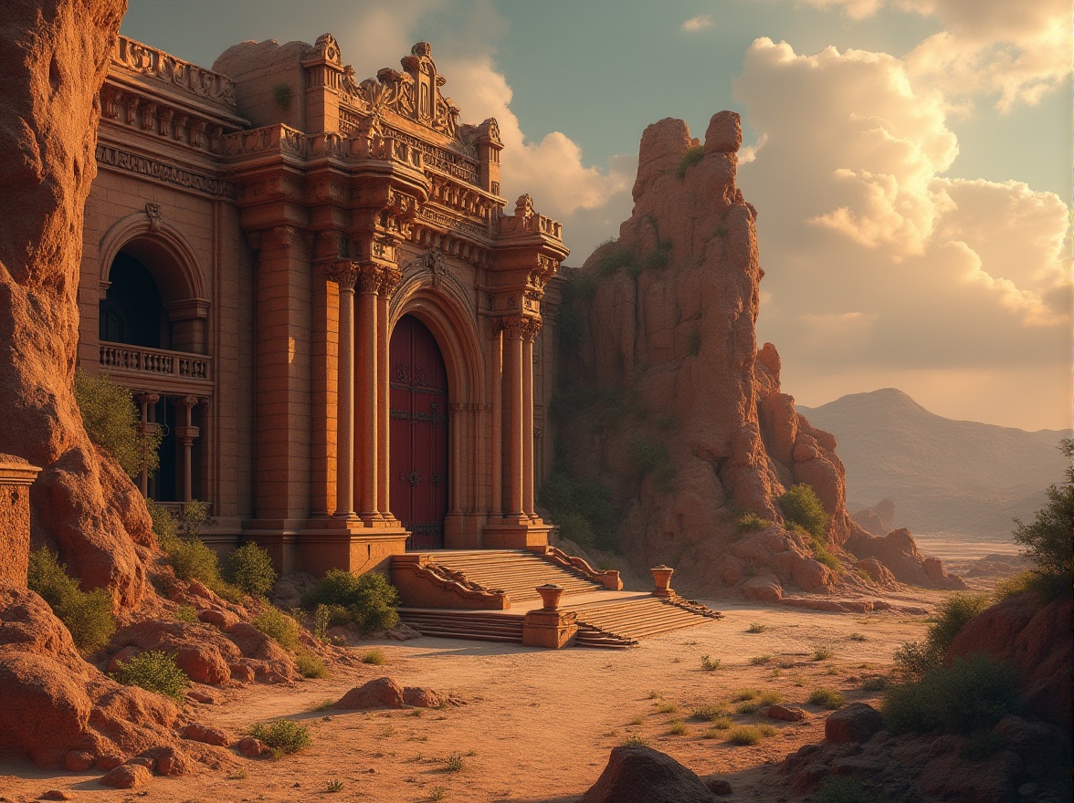 Prompt: Canyon-inspired building, grandiose structure, rugged stone walls, intricate carvings, rusty red iron gates, majestic arches, colossal columns, sweeping staircases, lavish chandeliers, warm golden lighting, dramatic shadows, ancient ruins, abandoned city, dusty terrain, rocky cliffs, vast desert landscape, cinematic composition, low-angle shot, dramatic clouds, warm sunset glow.