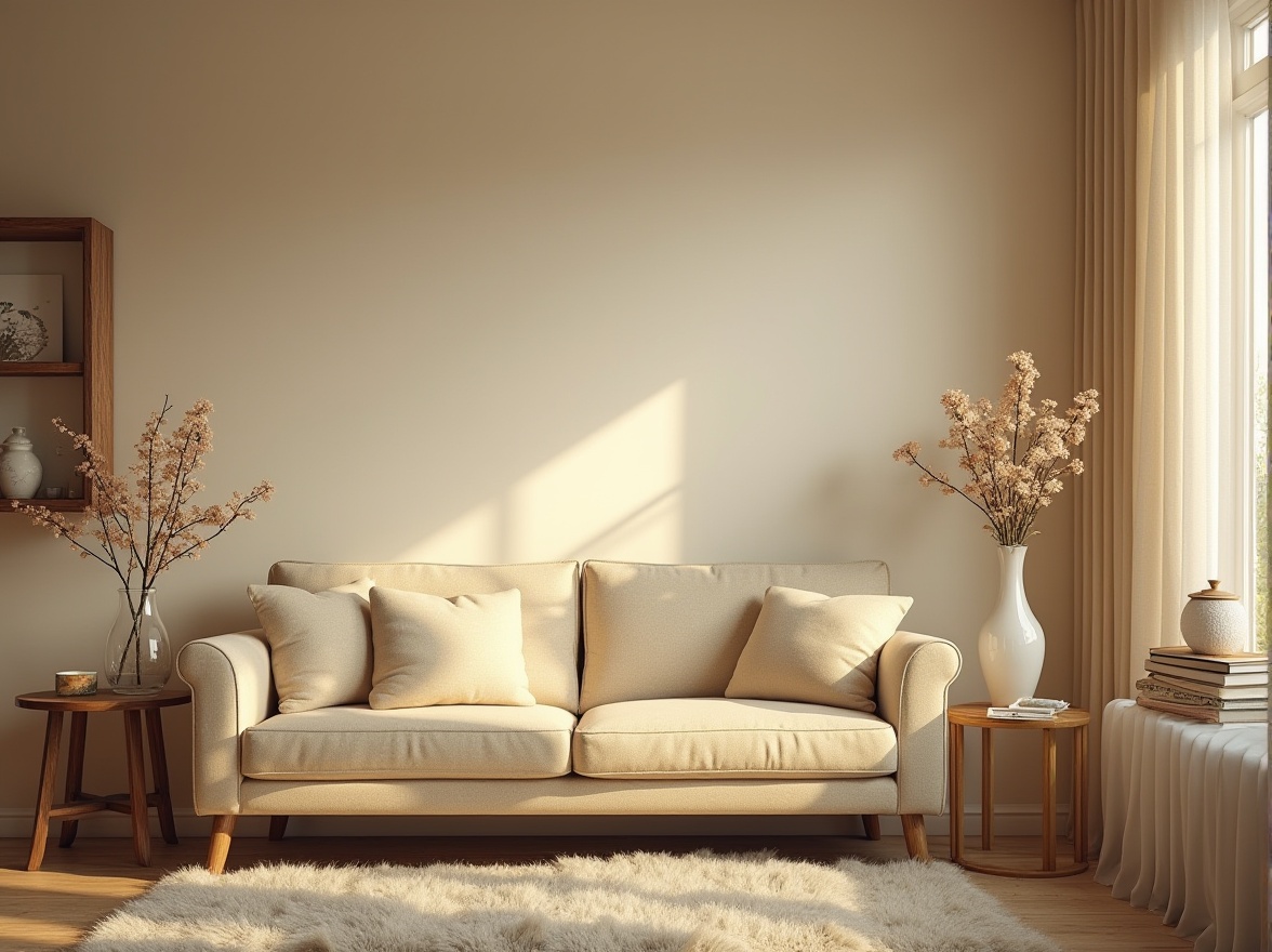 Prompt: Cozy living room, beige walls, soft cushions, comfortable sofa, fluffy carpet, warm lighting, gentle shadows, vintage wooden table, delicate porcelain vase, blooming flowers in a glass vase, few books on the shelf, quiet afternoon, natural sunlight filtering through the window, subtle texture, soft focus, 3/4 composition, intimate atmosphere, realistic rendering.