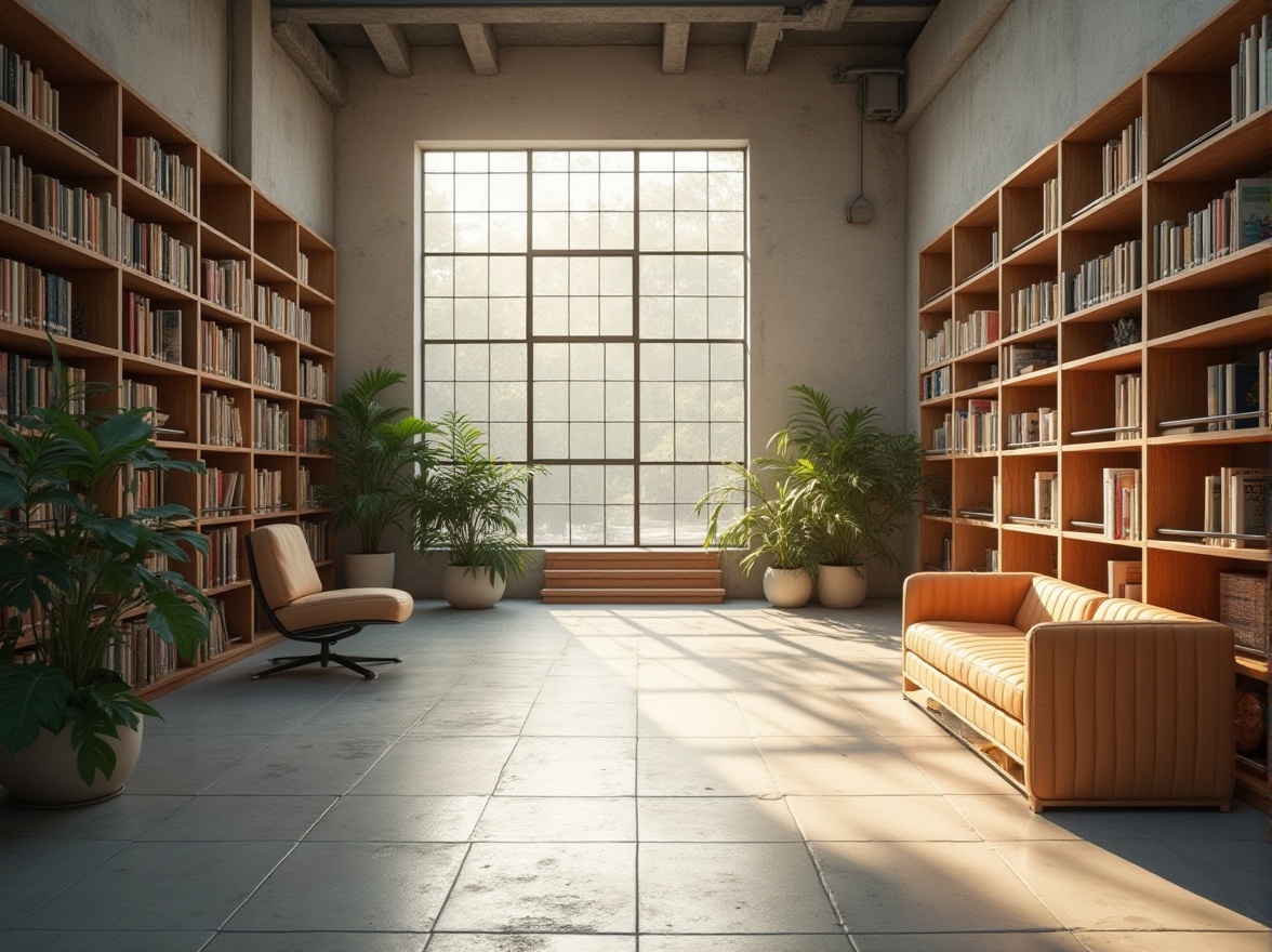 Prompt: Minimalist library interior, natural light pouring in through large windows, empty spaces, simple lines, few bookshelves made of wood, industrial metal stairs, concrete floor, minimal decorative plants, a single lounge chair with clean lines, soft cushions, warm ambient lighting, afternoon sunlight, subtle shadows, calm atmosphere, 3/4 composition, soft focus, film grain texture.