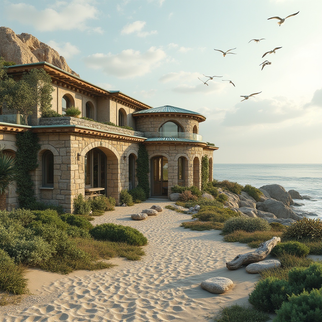 Prompt: Coastal Romanesque architecture, sustainable practices, eco-friendly materials, recycled stone, reclaimed wood, solar panels, green roof, seaweed-covered walls, ocean-inspired color palette, beachside setting, Mediterranean climate, gentle sea breeze, sandy dunes, driftwood, shells, pebbles, seagulls flying overhead, warm golden lighting, 3/4 composition, soft focus, natural textures, weathered wood accents, curved lines, ornate details.