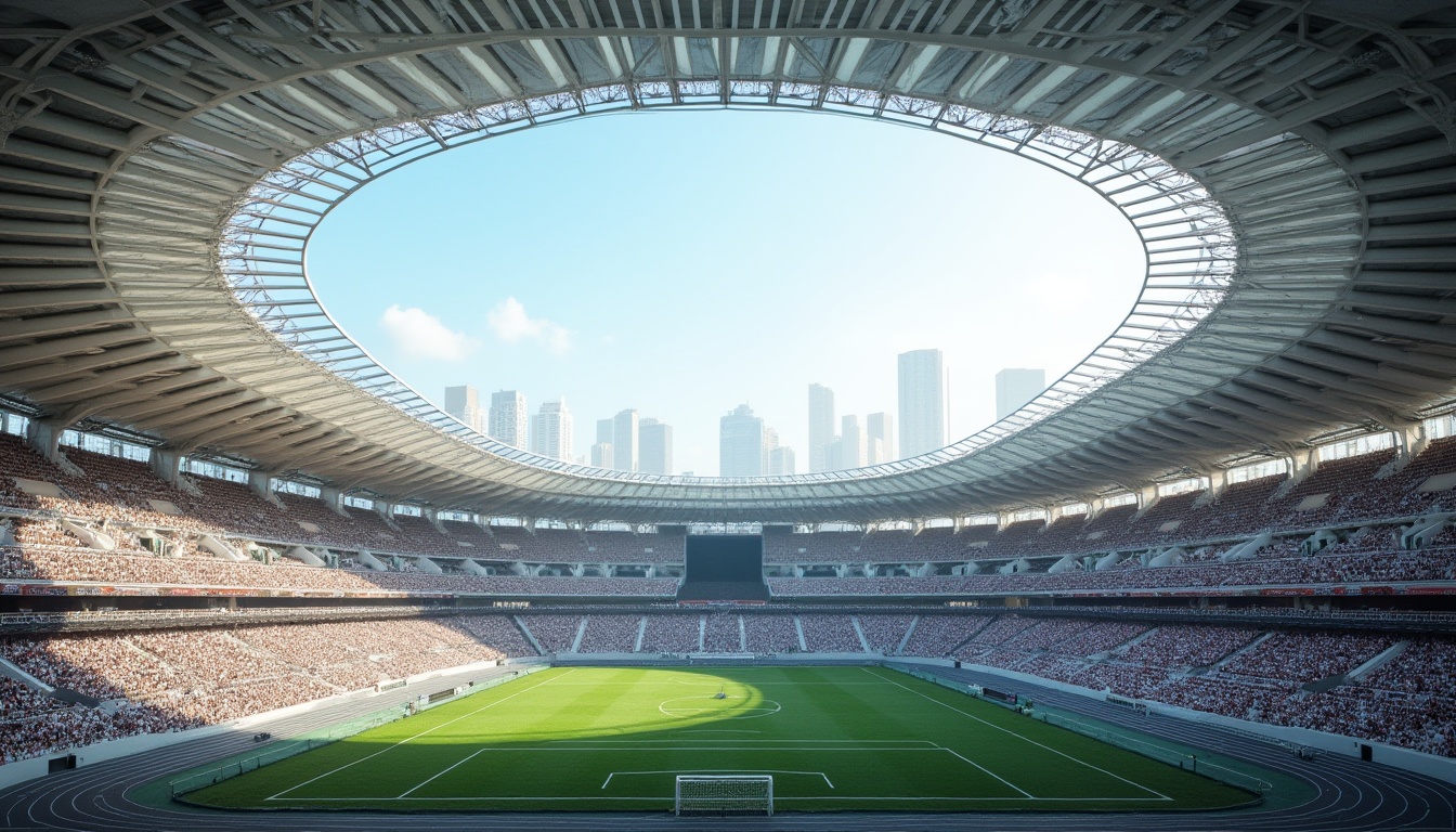 Prompt: Modern stadium, sleek architecture, grandstand seating, fiber-cement material, curved lines, geometric patterns, translucent roof, natural light, soft shadows, athletic tracks, green grass, goalposts, cheering crowds, daytime, clear sky, urban landscape, distant skyscrapers.