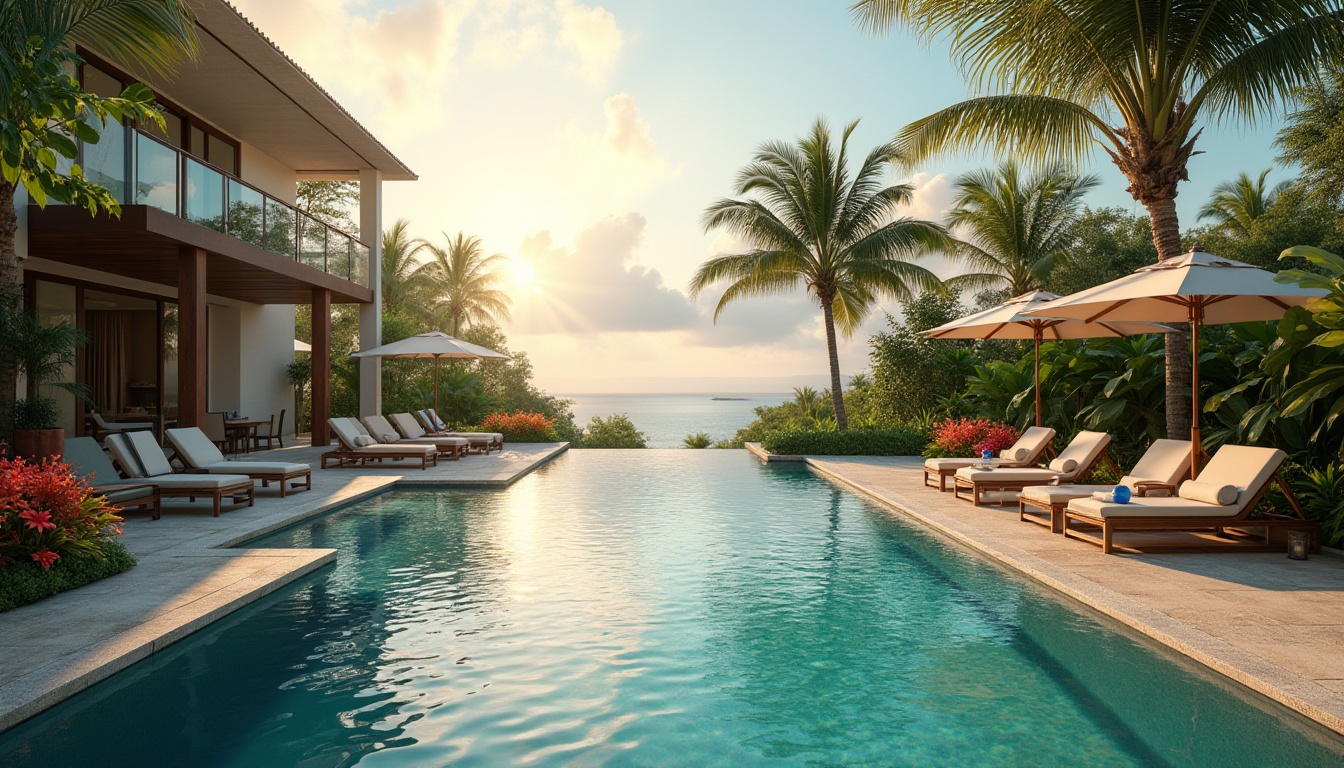 Prompt: Luxury villa backyard, afternoon sunlight, natural stone pool deck, infinity pool blending with surrounding landscape, turquoise water, gentle ripples, modern lounge chairs, parasol umbrellas, lush greenery, palm trees, vibrant tropical flowers, warm lighting, soft focus, shallow depth of field, cinematic composition.