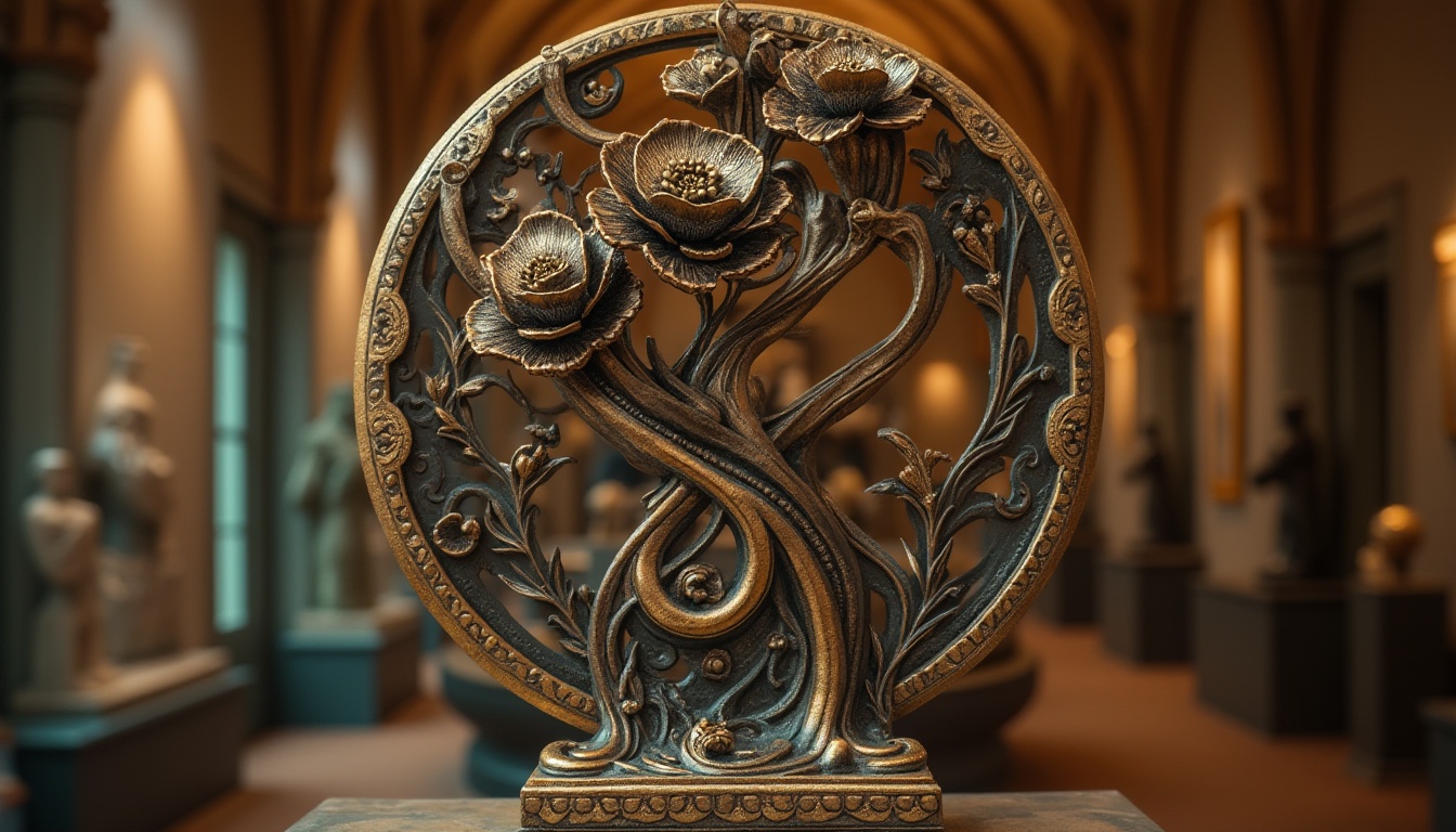 Prompt: Art Nouveau sculpture, ornate, intricate design, sand-casted materials, bronze, copper, metallic texture, luxurious, elegant, vintage, 19th-century style, ornamental flowers, flowing curves, natural forms, organic shapes, decorative patterns, filigree details, golden accents, pedestal base, museum exhibition, softbox lighting, shallow depth of field, warm color tone, high-contrast, cinematic composition.