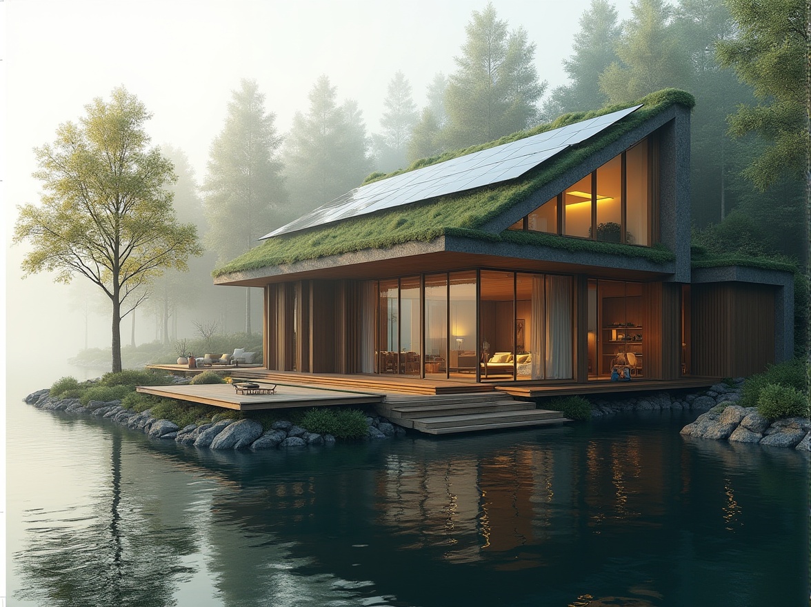 Prompt: Lakefront villa, sustainable architecture, futuristic design, large windows, solar panels, green roof, wooden deck, staircases, minimal carbon footprint, eco-friendly materials, lake view, surrounded by trees, misty morning, soft natural light, 3/4 composition, panoramic view, depth of field, realistic rendering, cinematic atmosphere.