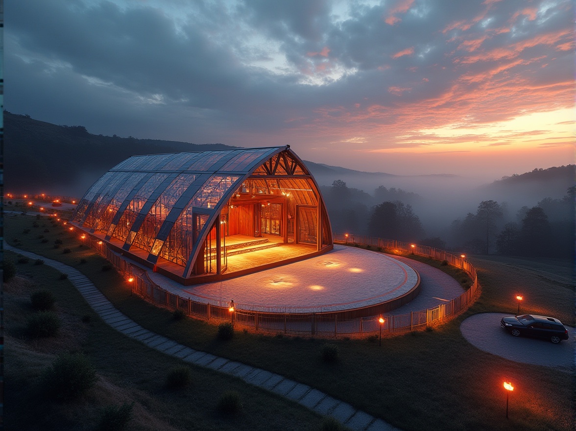 Prompt: Futuristic rural performing arts center, modern architecture, glass facade, steel beams, wooden accents, vibrant LED lights, outdoor amphitheater, rolling hills, sunset background, dramatic clouds, spotlights shining down, misty atmosphere, distant trees, winding roads, rustic fencing, evening calmness, warm golden lighting, panoramic view, symmetrical composition, shallow depth of field.