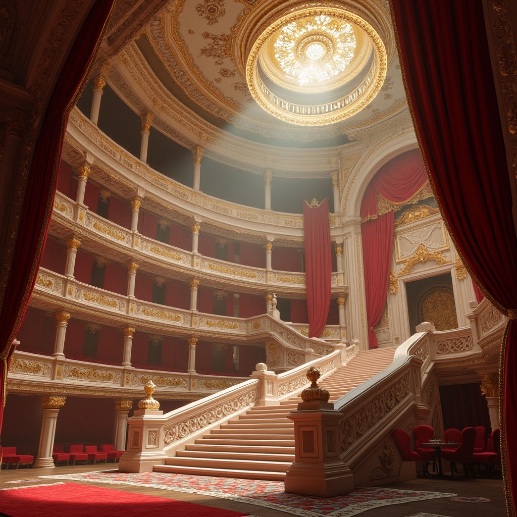 Prompt: Baroque opera house, ornate architecture, grand chandelier, intricate patterns, white marble columns, gold accents, red velvet curtains, majestic staircase, luxurious interior, spotlights shining down, dramatic shadows, warm ambient lighting, 3/4 composition, low-angle shot, symmetrical framing, opulent decorations, lavish furnishings.