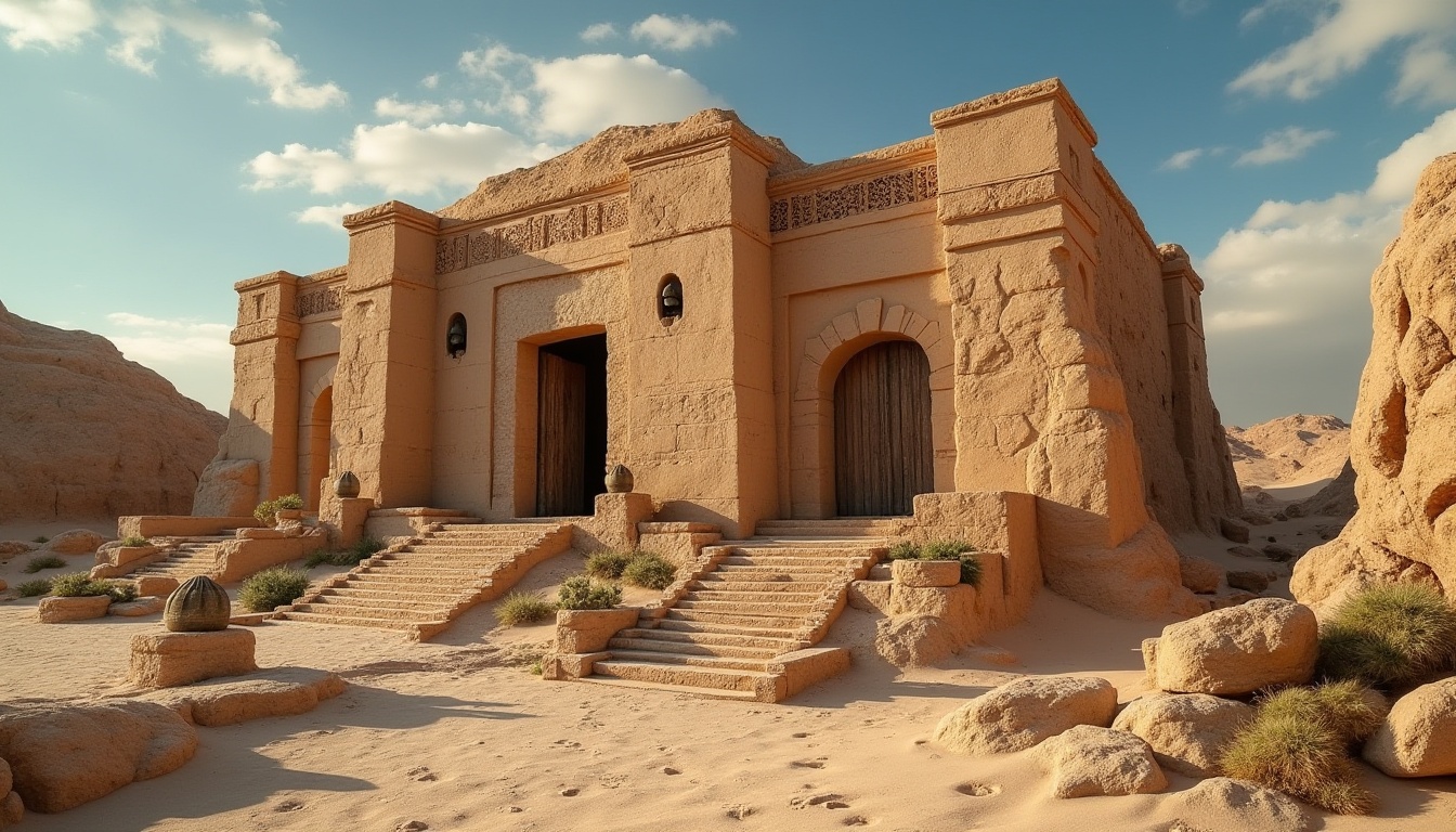 Prompt: Desert monument, ancient ruins, khaki color stone walls, intricate carvings, sandy dunes, clear blue sky, warm sunlight, dramatic shadows, rocky outcrops, cacti, succulents, weathered wooden doors, rusty old lanterns, worn stone stairs, mysterious ambiance, cinematic composition, low angle shot, golden hour lighting.