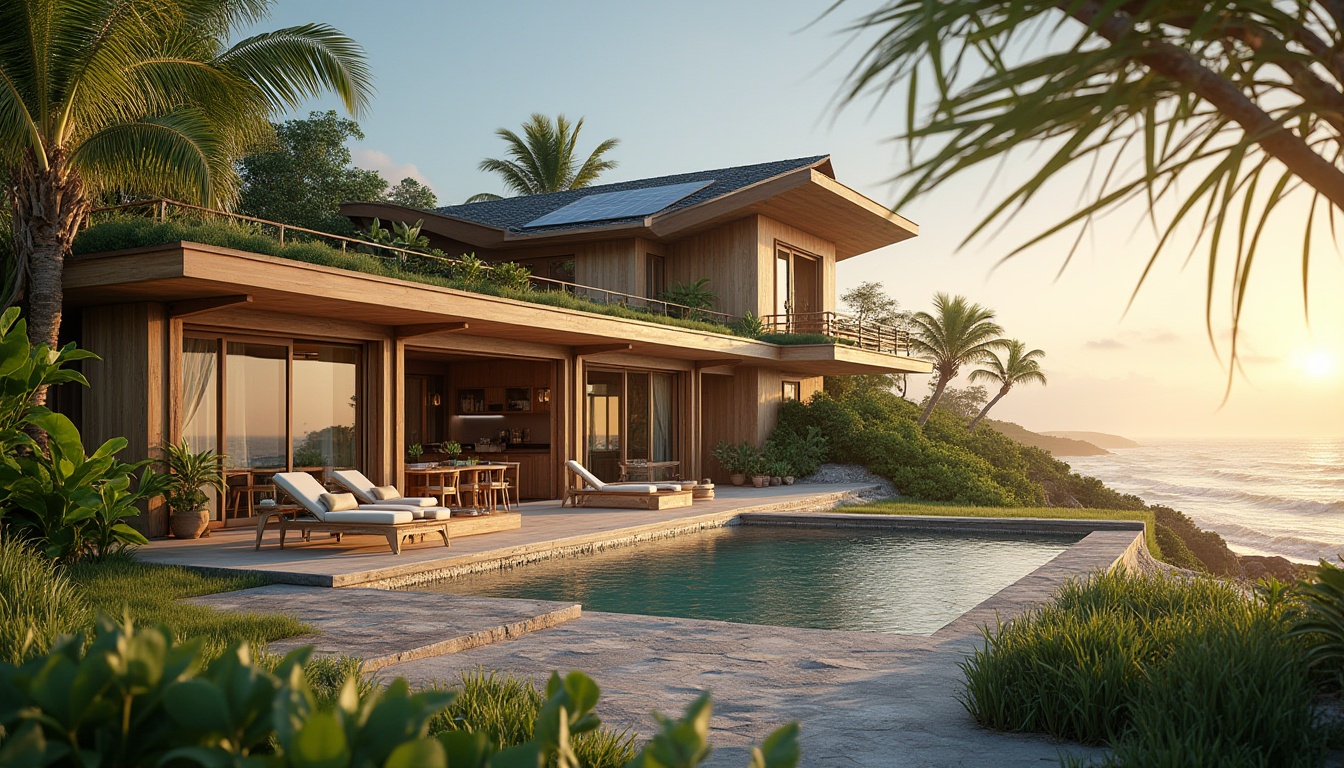 Prompt: Beachside villa, modern sustainable architecture, eco-friendly materials, solar panels, green roof, large windows, sliding glass doors, minimal carbon footprint, recyclable waste management, rainwater harvesting system, organic garden, native coastal plants, driftwood furniture, natural fiber textiles, woven bamboo shades, seashell decorations, ocean-inspired color palette, calm atmosphere, serene ambiance, warm sunset lighting, low-angle shot, 3/4 composition, soft focus, ambient occlusion.