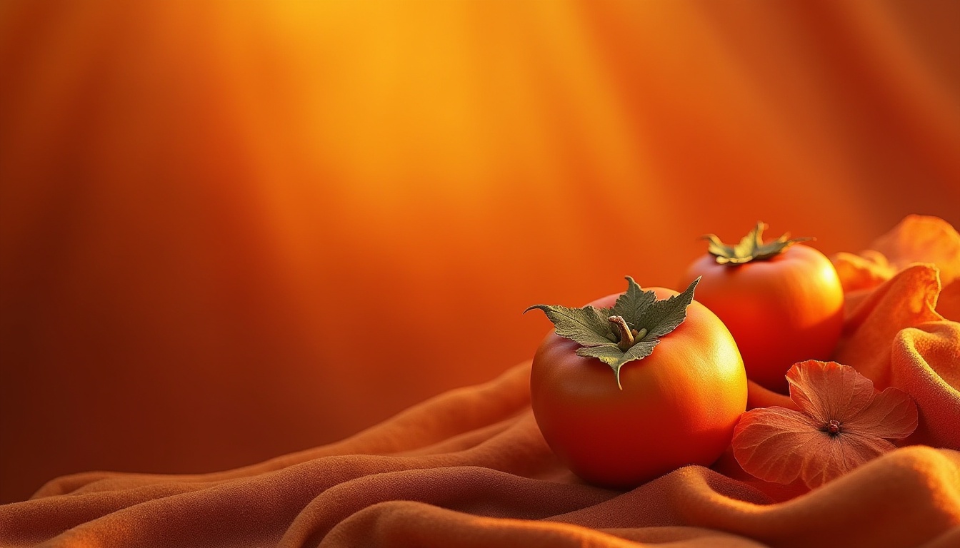 Prompt: Vibrant persimmon color, bold statement, bright autumn hue, warm golden tones, dynamic gradient effect, modern abstract background, low-angle shot, cinematic composition, high-contrast lighting, shallow depth of field, bold brushstrokes, textured pattern, ornate frame, luxurious fabric, velvet material, soft focus, bokeh effect.