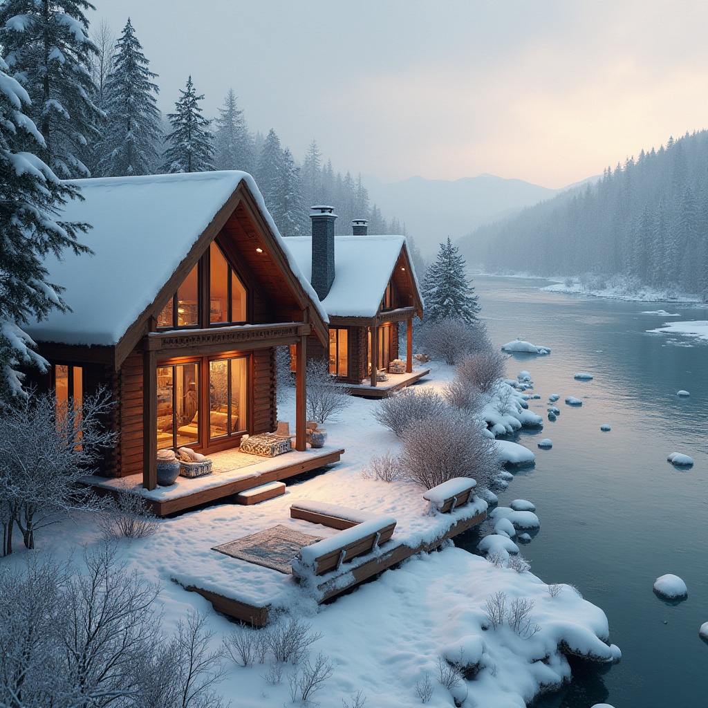 Prompt: Winter riverbank housing design, snow-covered roofs, frozen river, icy trees, frosty mornings, soft warm lighting, wooden cabin-style houses, earth-toned exterior walls, white snowflakes gently falling, misty atmosphere, warm smoke rising from chimneys, cozy interior scenes, large windows overlooking the river, comfortable reading nooks, plush area rugs, snowflake-patterned throw pillows, frozen riverbank benches, distant mountain ranges, serene and peaceful ambiance, cold winter air, panoramic view.