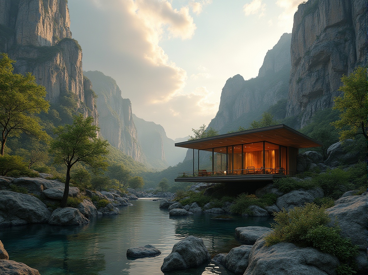 Prompt: Canyon landscape, majestic rock formations, serene waterfall, lush greenery, wooden Integrating Pavilion, modern architecture, glass walls, steel frames, minimalist design, natural materials, blending with surroundings, harmonious coexistence, warm sunlight, soft shadows, dramatic clouds, vast sky, 3/4 composition, low-angle shot, cinematic lighting.