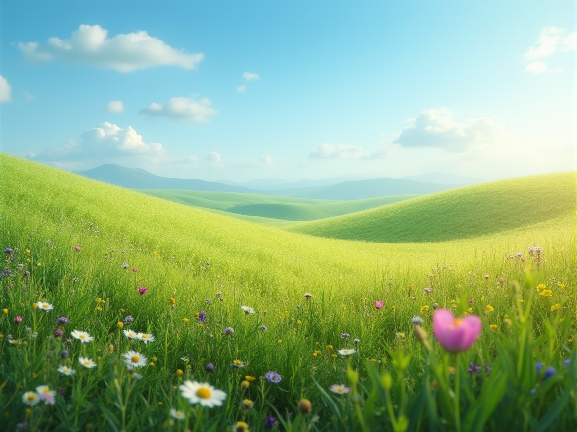 Prompt: Natural grassland, rolling hills, vibrant green grass, wildflowers of various colors, gentle breeze, few white clouds, endless blue sky, warm soft lighting, cinematic composition, shallow depth of field, 3/4 shot, subtle texture, realistic rendering, earthy tone, peaceful atmosphere.