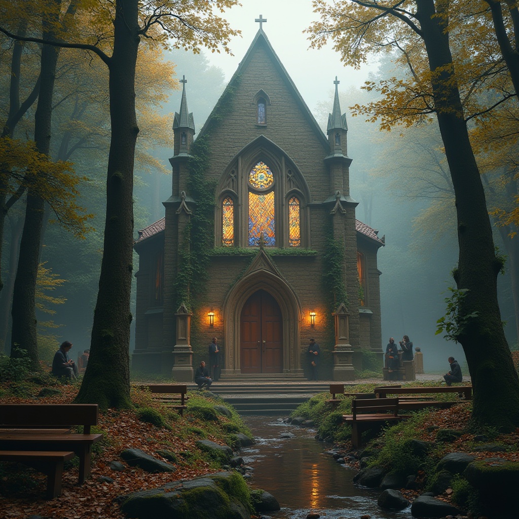 Prompt: Church building, forest setting, surrounded by tall trees, Gothic architecture, stained glass windows, grand entrance, stone walls, intricate carvings, peaceful atmosphere, warm lighting, misty morning, fallen leaves on the ground, overgrown vegetation, vines crawling up the walls, wooden benches outside, people praying, hands clasped together, gentle stream flowing nearby, water reflection, foggy background, cinematic composition, symmetrical framing, nature-inspired decorations, earthy tones.