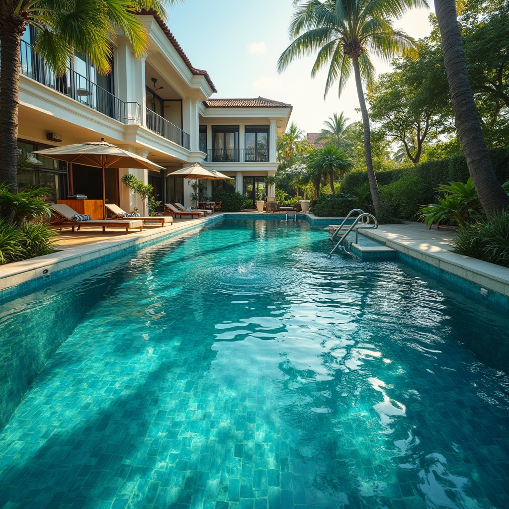 Prompt: Dark Cyan pool water, vibrant turquoise accents, luxurious villa, palm trees, sunny afternoon, warm lighting, shallow end steps, mosaic tiles, chrome ladder, water features, splashing sound effects, serene atmosphere, tranquil composition, wide-angle lens, high contrast, detailed texture.