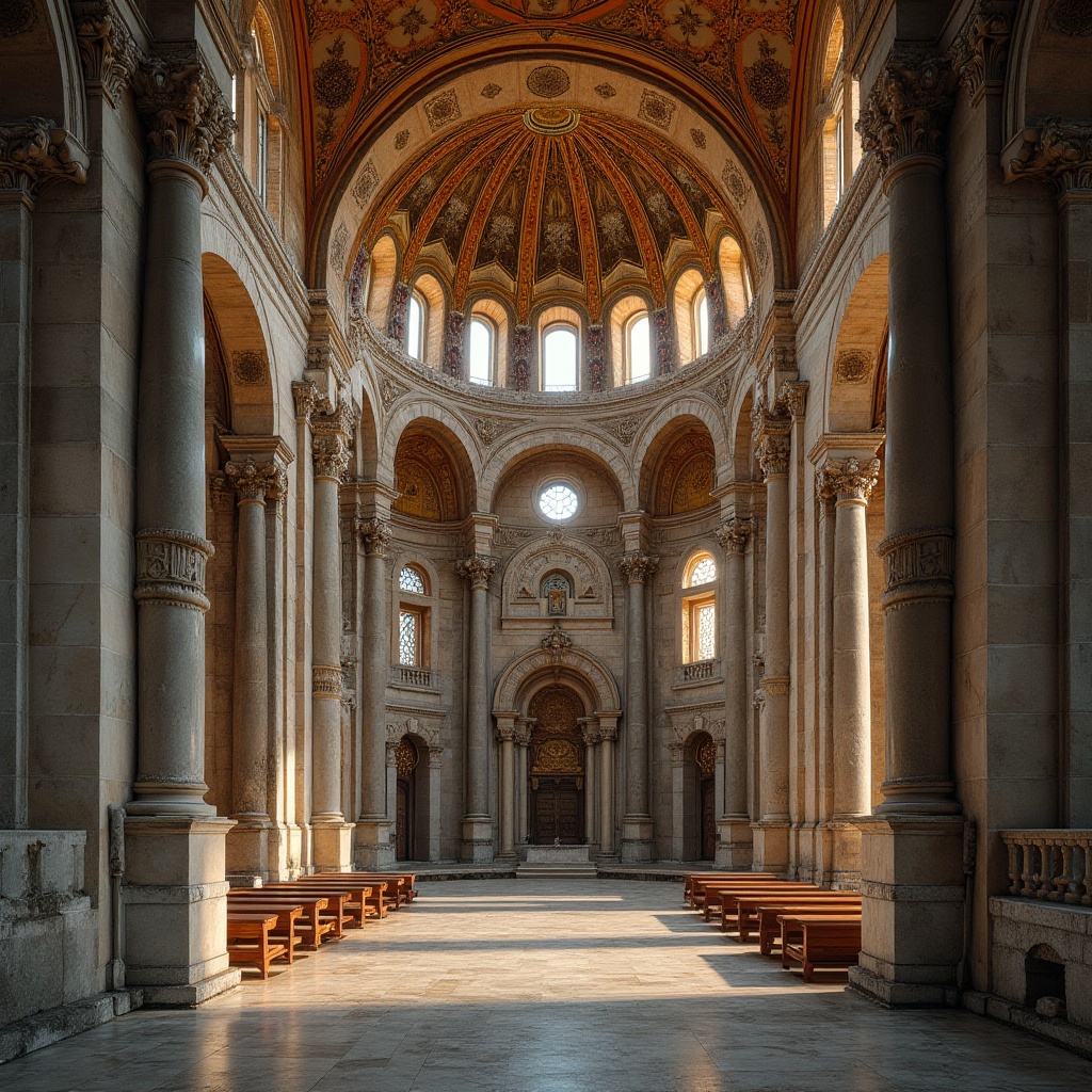 Prompt: Byzantine style architecture, ornate church, grand dome, intricate mosaics, golden accents, concrete material, stone-like texture, rustic appearance, arches, columns, grand entrance, solemn atmosphere, warm lighting, dramatic shadows, 3/4 composition, low-angle shot.