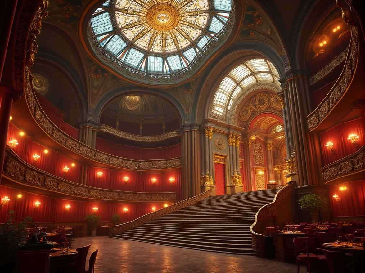 Prompt: Grand concert house, Art Nouveau style, intricate ironwork, ornate decorations, flowing organic lines, sinuous curves, elegant chandeliers, stained glass ceiling, luxurious red velvet curtains, golden accents, ornamental balconies, grand staircase, majestic entrance, cityscape, evening scene, soft warm lighting, cinematic composition.