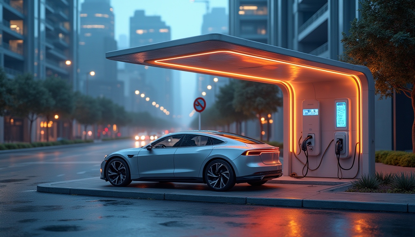 Prompt: Modern charging station, urban setting, sleek design, futuristic vibe, plasticrete material walls, silver metallic accents, neon lights illuminating, electric vehicle parked, charging cable connected, LED display showing charging progress, cityscape background, skyscrapers, busy street, evening time, warm ambient lighting, shallow depth of field, detailed textures, high-tech atmosphere.