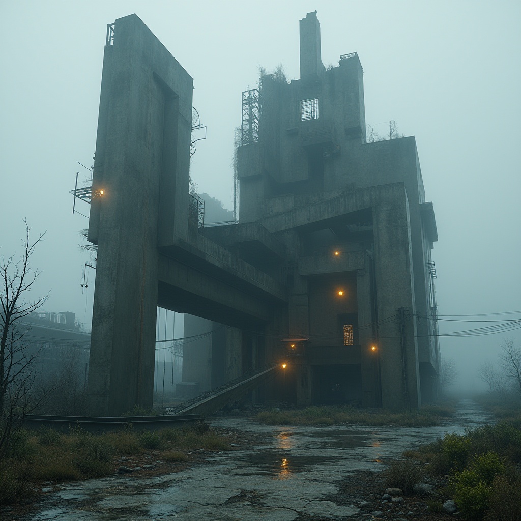 Prompt: Deconstructivist monument, abstract geometric shapes, irregular forms, fragmented structures, rusted metal, broken concrete, shattered glass, mysterious ambient lighting, foggy atmosphere, abandoned industrial site, overgrown with vines, cracked pavement, urban decay, dystopian future, cinematic composition, low-angle shot, dramatic shadows, atmospheric perspective.