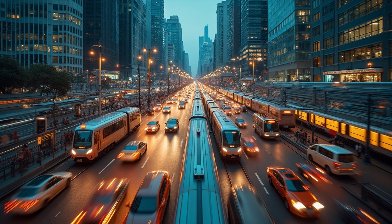 Prompt: Modern transportation hub, bustling city center, busy streets, skyscrapers in background, sleek trains, shiny buses, taxis, bicycles, pedestrians walking, blurred motion effect, warm lighting, urban atmosphere, detailed textures, reflective surfaces, metallic materials, night scene, vibrant neon lights, blurred headlights, deep depth of field, cinematic composition, low-angle shot.