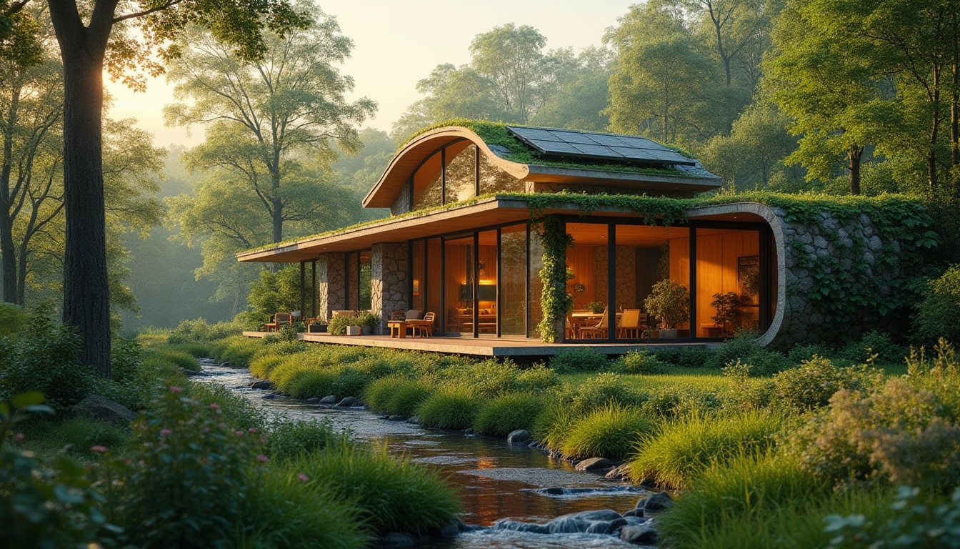 Prompt: Modern eco-friendly villa, blending seamlessly into lush green forest, large windows, sliding glass doors, wooden accents, curved roofline, vines crawling up walls, solar panels, green roof, natural stone facade, surrounded by tall trees, flower beds, winding stream running through property, warm sunset lighting, soft focus, cinematic composition, shallow depth of field, serene atmosphere.