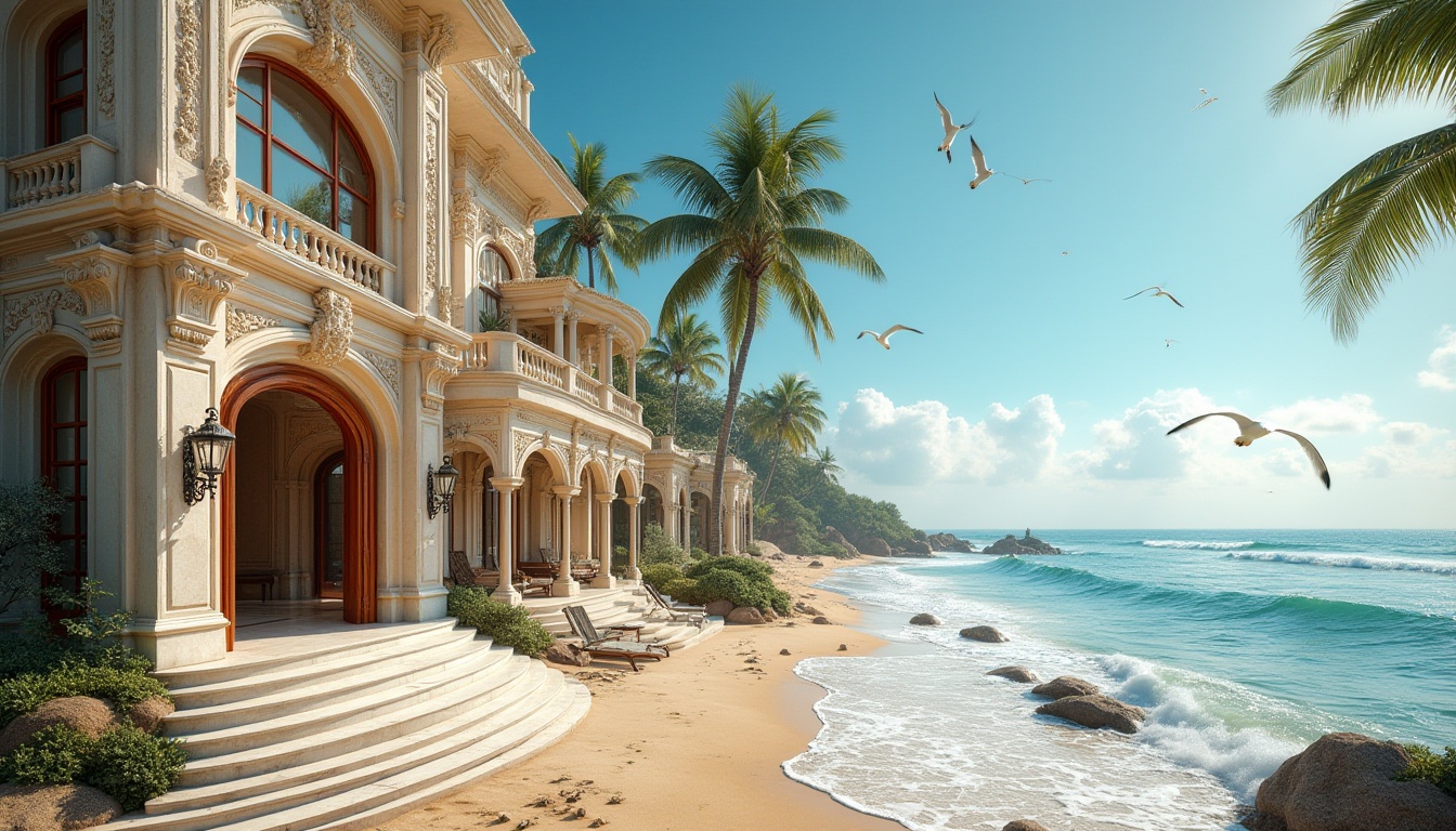 Prompt: Seaside villa, coastal Renaissance design, grandiose architecture, ornate decorations, curved lines, arches, columns, marble floors, wooden doors, stained glass windows, ocean view, blue sky, seagulls flying overhead, waves crashing against the shore, sandy beach, palm trees swaying gently, warm sunny day, soft lighting, 3/4 composition, depth of field, cinematic atmosphere.