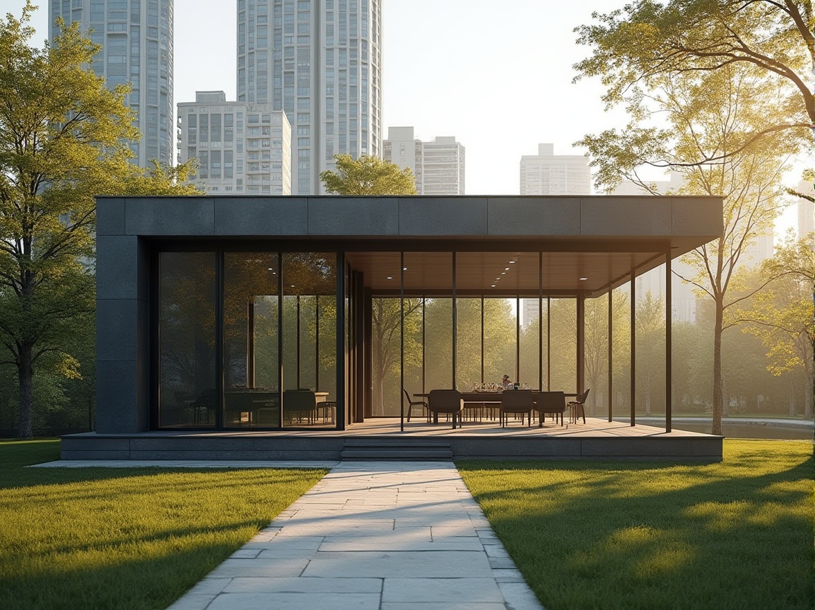 Prompt: Modern minimalist pavilion, Bauhaus style, geometric shapes, clean lines, simple materials, steel frames, glass walls, flat roof, open floor plan, functional layout, minimal ornamentation, industrial chic, urban setting, city park, greenery surroundings, afternoon sun, soft shadows, 3/4 composition, high contrast, cinematic lighting.