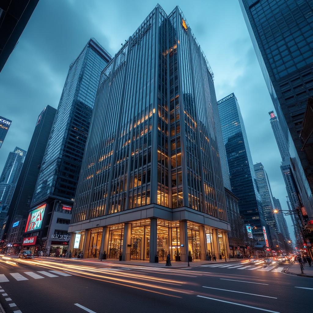 Prompt: Modern high-rise office building, sleek glass exterior, steel frame structure, reflective windows, angular edges, rooftop garden, urban commercial district, skyscraper background, busy street, cityscape, night scene, neon lights, billboards, traffic, blurred motion, low-angle shot, dramatic lighting, futuristic ambiance, metallic texture, clean lines, minimalist interior, marble lobby, elevators, high-speed doors, air-conditioning vents.