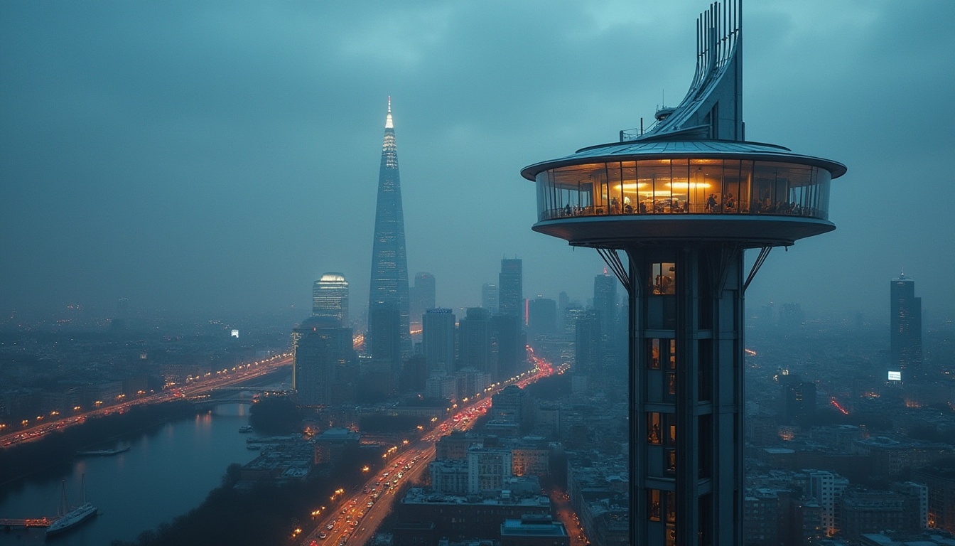 Prompt: Watching tower, modern architecture, futuristic design, sleek lines, silver metal, glass walls, observation deck, panoramic view, cityscape, metropolitan, skyscraper, busy streets, urban jungle, night scene, neon lights, soft glow, misty atmosphere, detailed texture, reflective surface, 3/4 composition, low-angle shot, cinematic lighting.