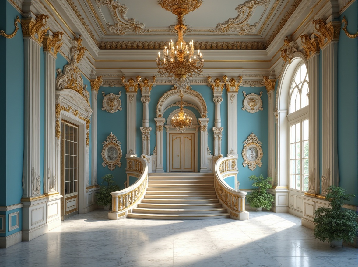 Prompt: Powder blue walls, ornate building facade, Baroque architecture, grand entrance, intricate stone carvings, gold accents, luxurious chandeliers, marble floors, high ceilings, grand staircase, symmetrical composition, 3/4 view, warm lighting, afternoon sun, cloudy sky, European cityscape, historic landmark, subtle texture, realistic details.