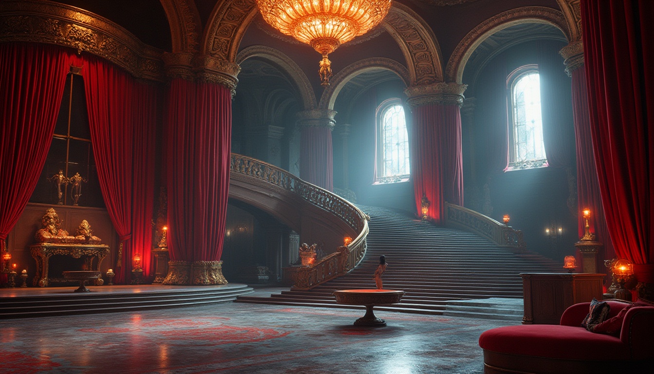 Prompt: Unique space, futuristic interior, dramatic lighting, bold color scheme, velvet curtains, ornate golden frames, luxurious fabrics, abstract sculptures, eclectic decorative objects, grand staircase, sweeping archways, Baroque-inspired architecture, opulent chandelier, mysterious ambiance, cinematic composition, high contrast, low-key lighting, atmospheric mist effect.