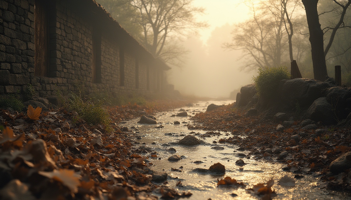 Prompt: natural scenery, muddy terrain, earthy tone, realistic texture, rough stone wall, wooden bridge, rural landscape, serene atmosphere, misty morning, warm soft lighting, 3/4 composition, depth of field, natural material, sustainable design concept.