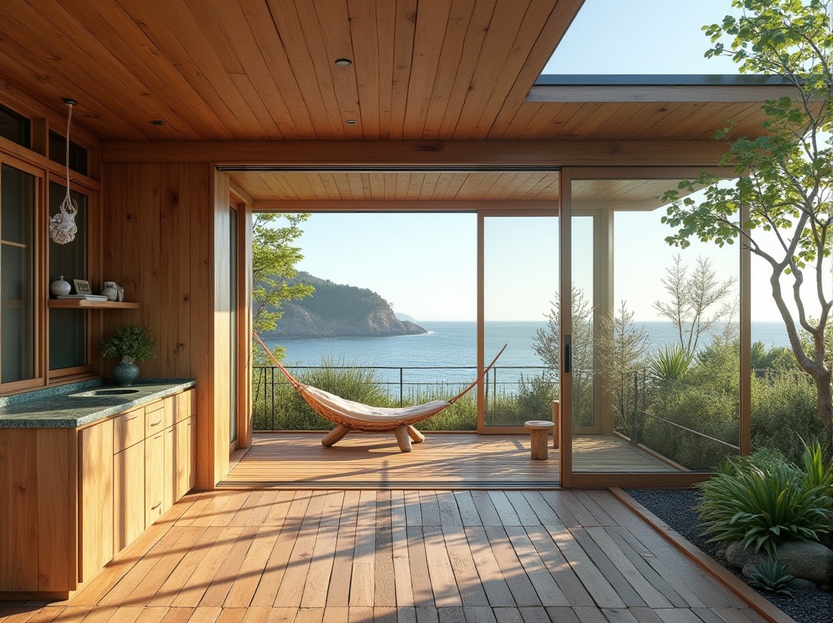 Prompt: Beach home, modern minimalist, eco-friendly, sustainable materials, reclaimed wood, bamboo flooring, large windows, natural ventilation, ocean view, beachy decor, seashell wind chime, recycled glass countertops, solar panels, green roof, coastal landscape, driftwood fence, succulent garden, outdoor shower, wooden deck, hammock, serene atmosphere, warm lighting, 3/4 composition, panoramic view.