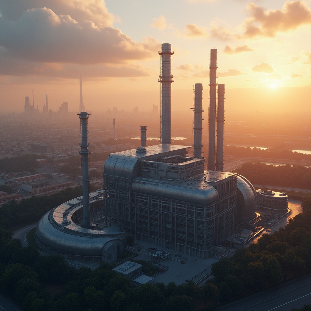 Prompt: Modern energy plant, structuralism style, futuristic architecture, metallic materials, clean lines, geometric shapes, minimal decorations, industrial aesthetic, urban background, cityscape, sunset time, warm orange light, dramatic shadows, atmospheric mist, high-angle shot, symmetrical composition, 3/4 view, cinematic lighting.