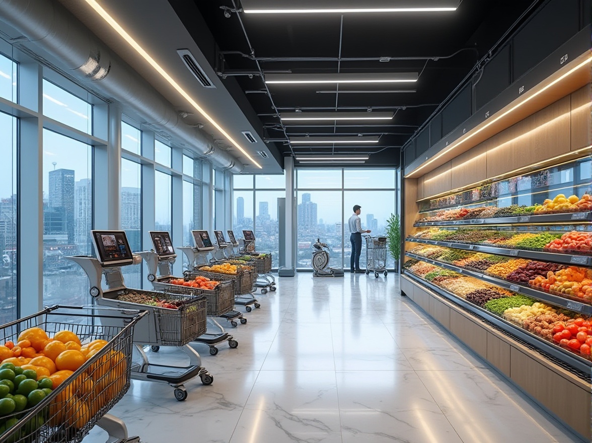 Prompt: Futuristic grocery store interior, modern LED lighting, sleek glass shelves, metallic robotic arms, automatic product scanners, interactive digital screens, smart shopping carts with built-in scales, futuristic cashier-less checkout systems, sliding glass doors, polished marble floors, minimalist decorations, urban cityscape outside, daytime, soft natural light, shallow depth of field.