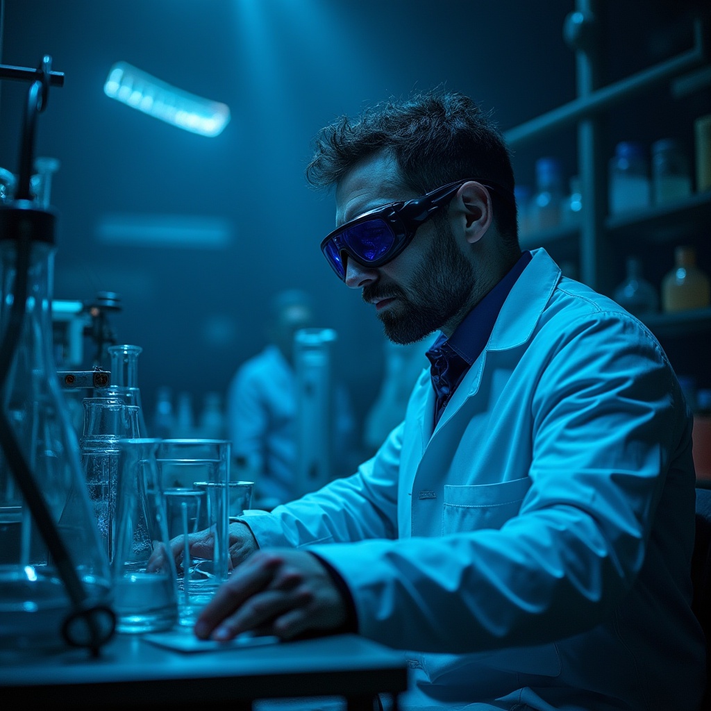 Prompt: Dark blue Prussian blue, rich texture, metallic sheen, vibrant, bold, industrial background, futuristic laboratory, modern equipment, test tubes, beakers, scientist wearing goggles, white lab coat, intense lighting, dramatic shadows, dynamic composition, low-angle shot, cinematic mood, mysterious atmosphere, dark academia, innovative discovery.