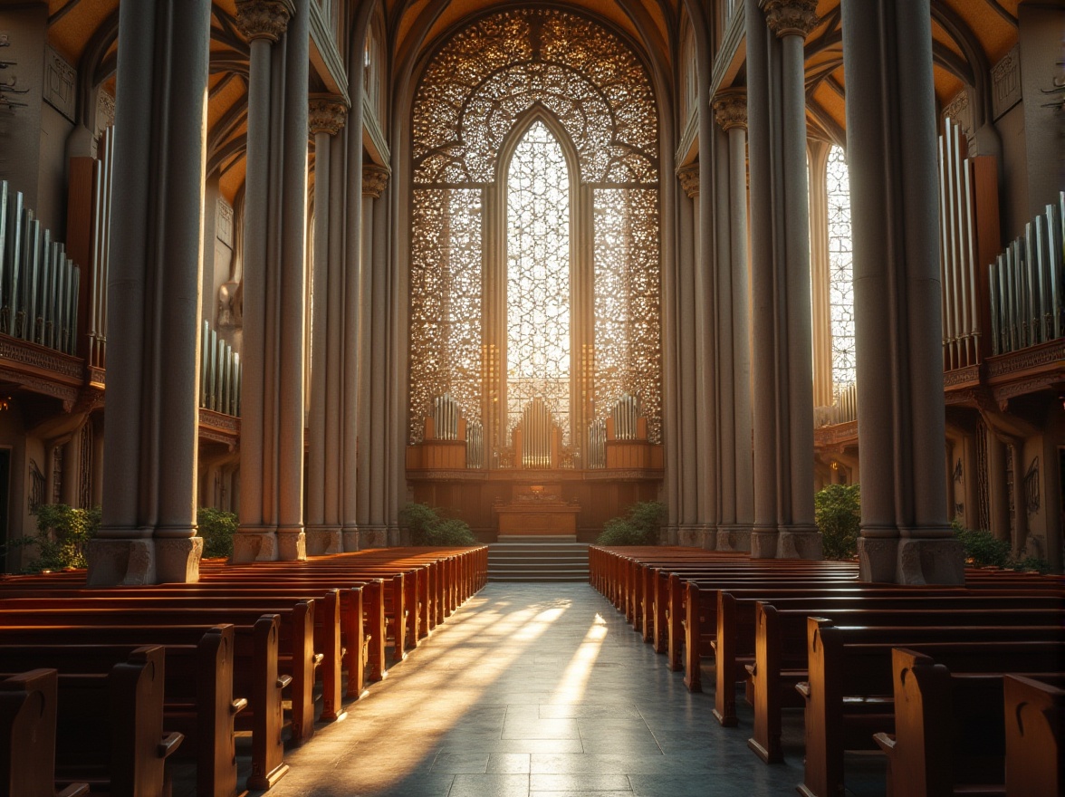 Prompt: Perforated metal screen, church interior design, modern architecture, sacred atmosphere, intricate patterns, natural light filtering through holes, subtle shadows, calm ambiance, stone floor, wooden pews, grand organ pipes, vaulted ceiling, stained glass windows, gentle afternoon sunlight, soft focus, shallow depth of field, elegant composition, warm tone, HDR rendering.