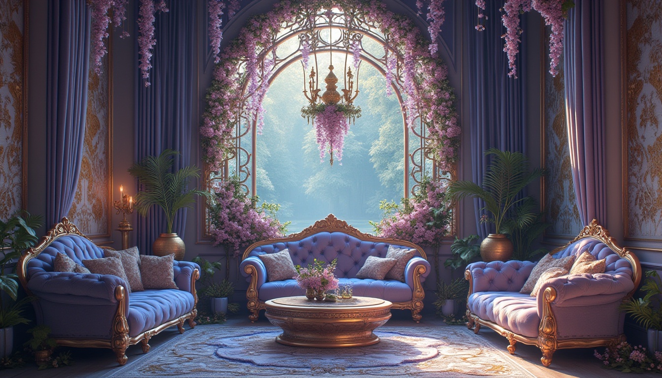 Prompt: Lavender blue art nouveau, ornate metalwork, intricate patterns, flowing curves, organic shapes, luxurious fabrics, velvet drapes, ornamental flowers, peacock feathers, mystical atmosphere, warm golden lighting, soft focus, bohemian chic, vintage accessories, antique furniture, lavish decorations, romantic ambiance.