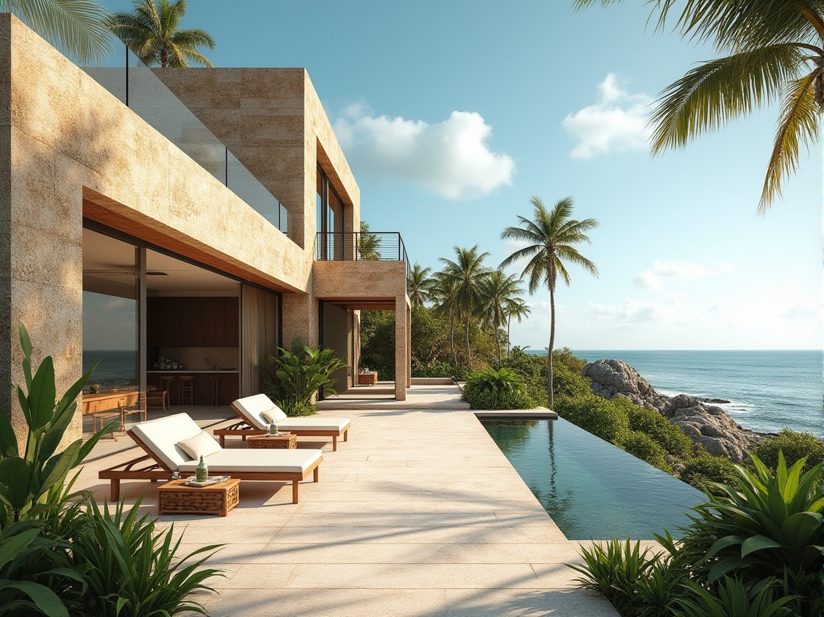 Prompt: Coastal architecture, modern villa, sandstone exterior walls, natural texture, rough surface, beige color, weathered effect, ocean view, large windows, sliding doors, outdoor seating area, lush greenery, tropical plants, palm trees, sunny day, clear blue sky, sea breeze, ambient lighting, warm tone, 3/4 composition, panoramic view.