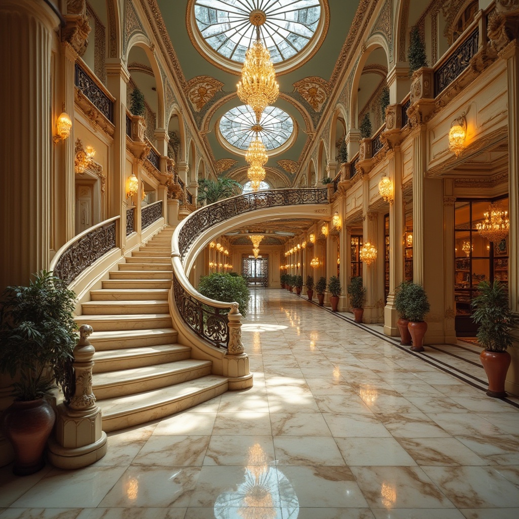 Prompt: Marble material, Art Nouveau shopping center, luxurious interior, grand staircase, ornate railing, intricate mosaics, vaulted ceiling, detailed frescoes, elegant chandeliers, polished marble floor, reflective surface, subtle warm lighting, soft focus, shallow depth of field, 3/4 composition, Renaissance-inspired architecture, opulent decoration, vintage ambiance, late 19th century style, European city, urban scenery, bustling atmosphere.